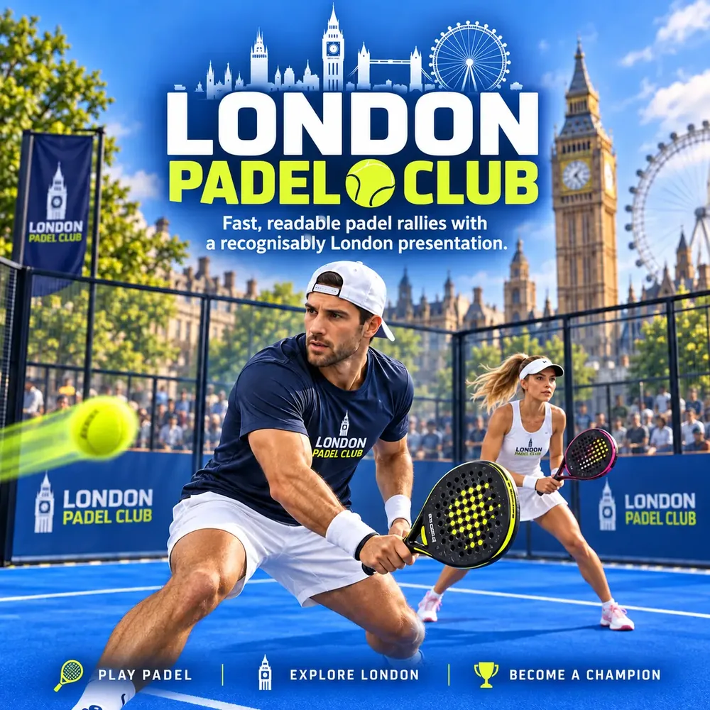 Two players rallying on a London padel court with Big Ben behind